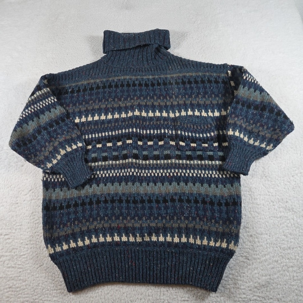 Vintage Striped Knit Sweatshirt Women Small Blue 90S Knit Roll Mock Neck Sweater